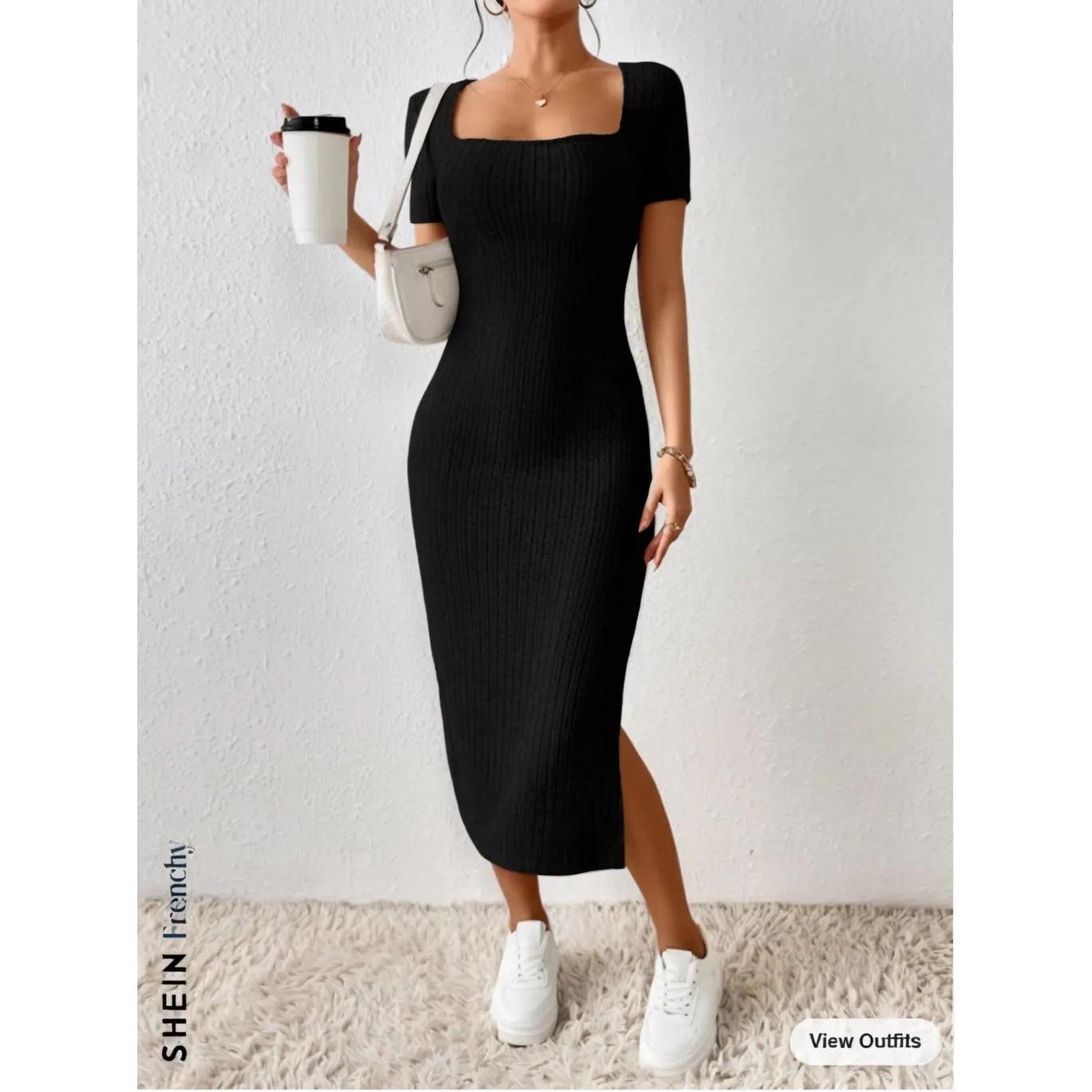 Hot French Square Neck Side Split Rib Knit Short Sleeve Dres - 图3