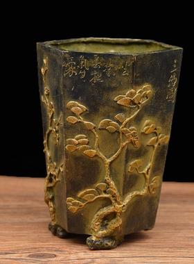 宏达铜器 纯铜鎏金六角铜笔筒文玩收藏礼品摆件