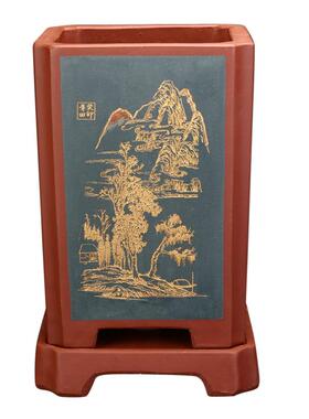 宜兴紫砂兰花盆四方签筒手工刻绘黑松君子兰蝴蝶兰吊兰带底座