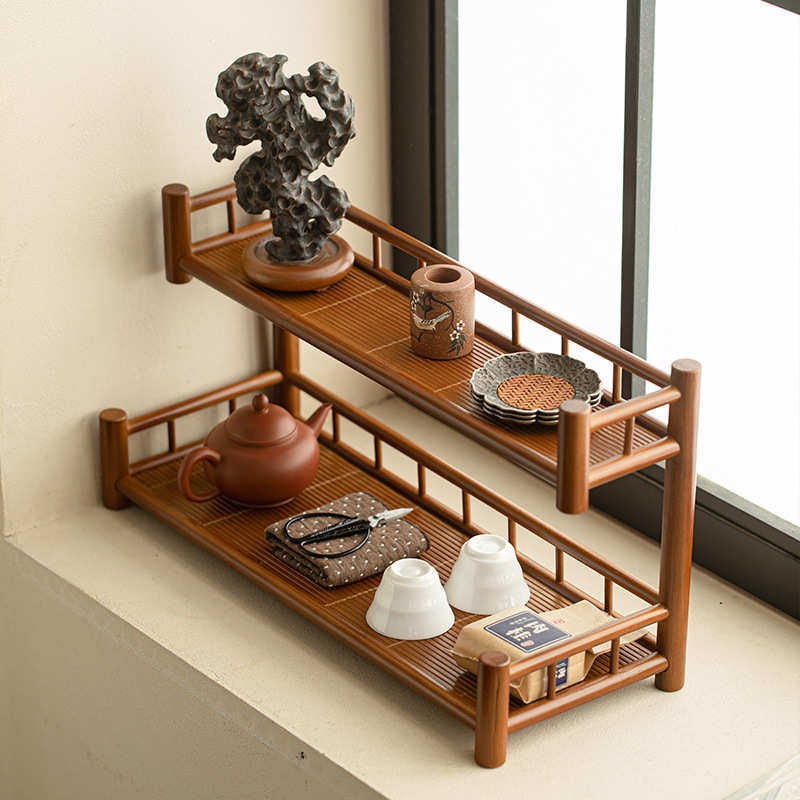 Tea multi-layer ornaments, ancient rack, desktop rack, tea cup display rack, solid wood saucer, handmade tea set storage