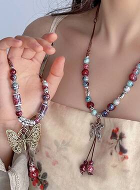 蝴蝶吊坠饰品2025新款叠戴配饰长款高级感轻奢小众波西米亚项链女