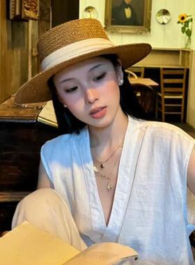 夏季老钱风帽子女复古法式草编礼帽海边沙滩遮阳帽防晒帽平顶草帽
