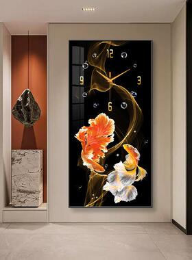 轻奢孔雀鱼玄关装饰画 画钟表挂钟客厅现代简约大气艺术时钟挂墙