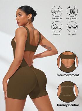 Women's Solid Backless Ribbed Romper, Casual Comfy Breathabl