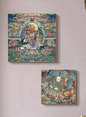 黑金唐卡挂画六字真言心经玄关壁画坛城佛堂咒轮西藏黄财神装饰画