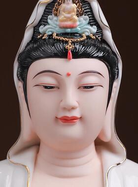 七珍陶瓷莲花正坐观音坐莲观音菩萨佛像家用供奉观世音菩萨像摆件