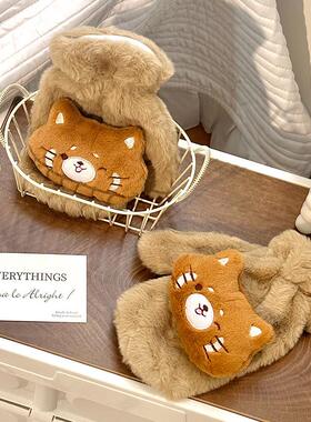 Fluffy Cartoon Neck-Hanging Gloves for Women, Winter Cute Ro
