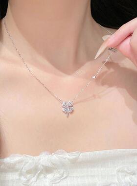 S999足银满钻四叶草项链女小众轻奢高级纯银锁骨链送女友闺蜜礼物