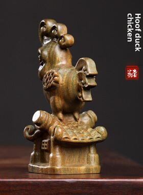 天然绿色檀香鸡木雕饰品吉祥生肖鸡柄片公鸡书房书架装饰