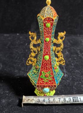 工艺品仿古做旧六角花瓶镶嵌绿松石工艺花瓶大型仿古纯铜摆件