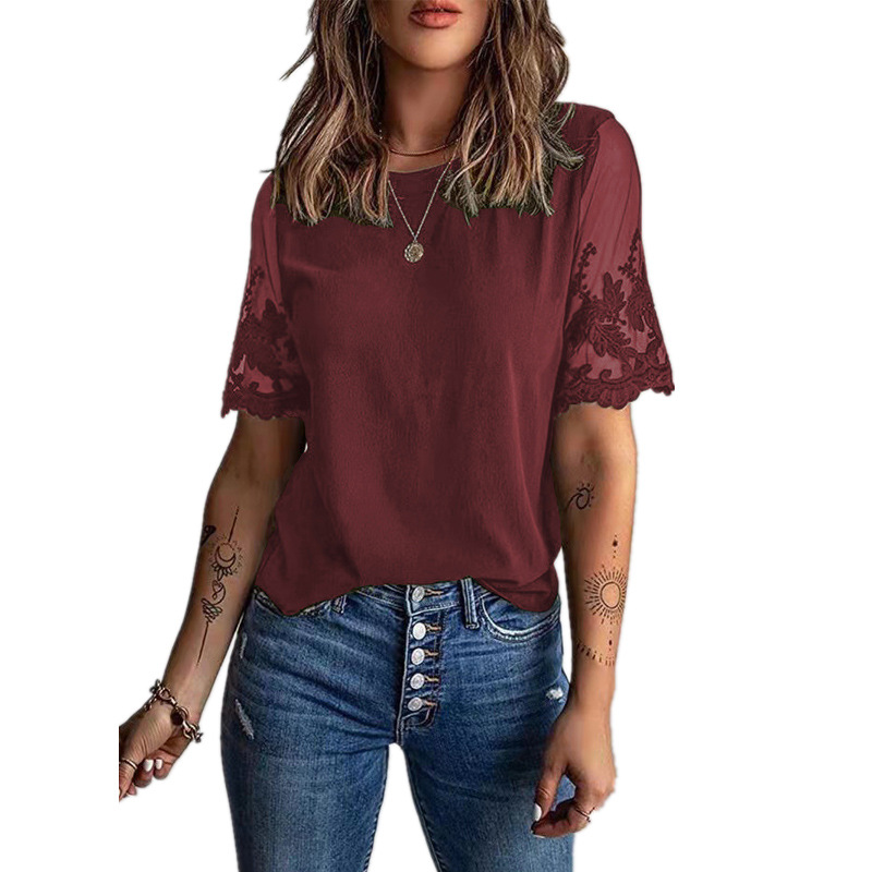 Women's short sleeved top lace shirt - 图2