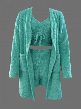海外仓 Women's Two Piece Sets 休闲毛绒套装鲜艳青绿色聚酯纤维