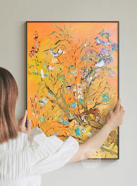 现代简约客厅玄关装饰画背景墙壁画竖版卧室黄色油画抽象花鸟挂画