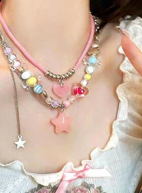 新款彩色糖果串珠项链女甜美少女