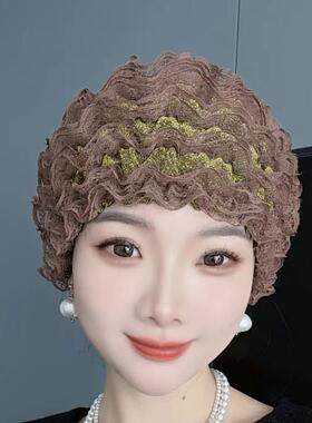 春夏季蕾丝花边薄款妈妈帽遮白发包头帽防尘遮阳时尚防风帽光头帽