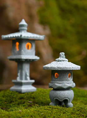 盆景假山鱼缸中式小亭子造景装饰品微景观古风发光仿真石灯笼摆件