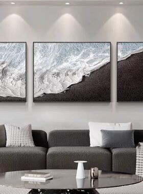 三联客厅装饰画黑色海滩背景挂画大气沙发背景墙挂画抽象海景图