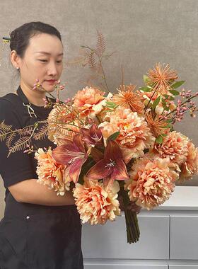 复古风牡丹仿真花束高档餐桌装饰花艺客厅假花电视柜摆设绢花成品