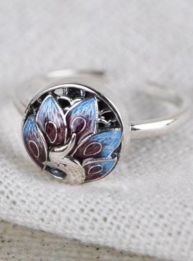 网红- S925银烧蓝工艺饰品戒子 小清新款开口女款凤凰银戒指