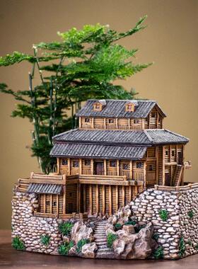中式田园创意复古吊脚楼微景观建筑摆件文竹盆栽家居客厅装饰礼品