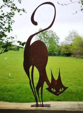 上新现货跨境独立站万圣节户外花园生锈金属猫围栏装饰摆件