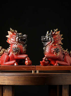 陶瓷工艺品神兽麒麟一对玄关家居客厅办公室吉祥摆件招财开业礼品