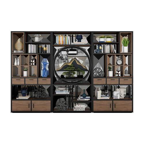 新中式铁艺博古架书架展示架办公室隔断柜餐厅实木茶柜茶室置物架 - 图3