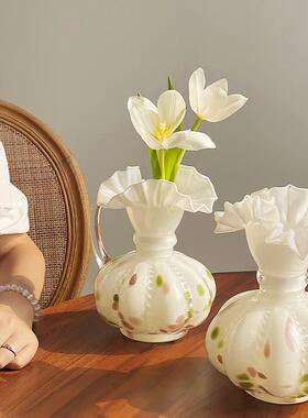 中古fnon芬顿花褶皱1花边白色单耳玻璃客t厅水e养插花器瓶摆件
