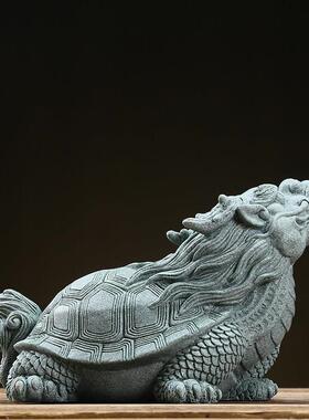 国风青砂石瑞兽龙龟摆件动物创意客厅书房茶室水族鱼缸造景装饰品