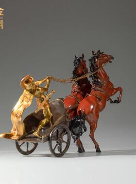 铜金岁月斯巴达战车骏马黄铜摆件北欧风格战士战马黄铜器工艺饰品