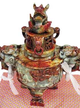 钰程本命年玉器 直径20CM岫玉九龙鼎香炉摆件大号公司财位摆件