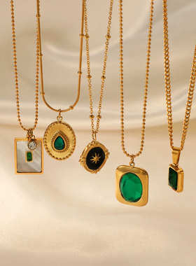 法式复古祖母绿不锈钢项链欧美流行几何贝母镶嵌钛钢吊坠项链女士