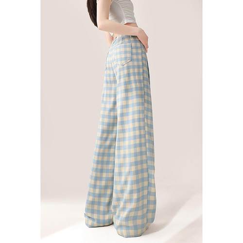 MZVZ多巴胺蓝色格子阔腿裤女夏季新款高腰宽松显瘦直筒休闲裤子潮 - 图2