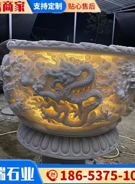 中式大型青石鱼缸花盆仿古庭院石雕鱼缸花盆养荷花室内流水摆件