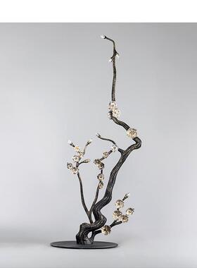 新中式梅花树枝金属雕塑摆件松树假山小鸟样板房玄关酒店书房装饰