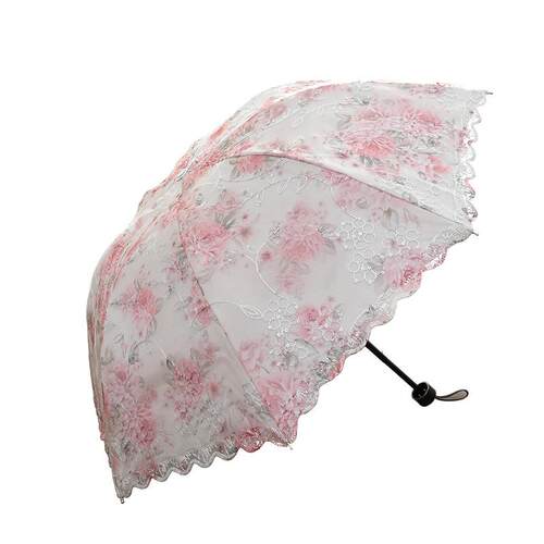 宝丽姿双层蕾丝伞花边晴雨两用刺绣三折伞公主洋伞防晒黑胶太阳伞 - 图3