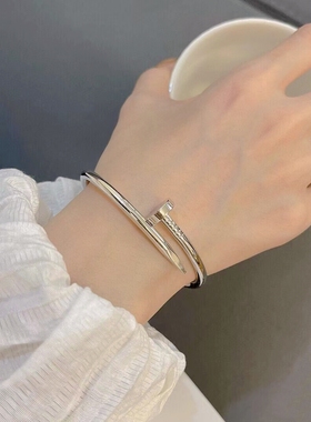 公价6.6】99新卡地亚白金钉子手镯宽版光面无钻B6048317正品