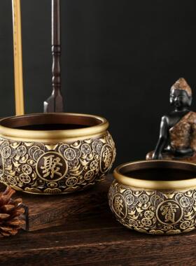 黄铜覆古元宝五帝钱聚宝盆大号存钱罐米缸办公室桌面摆件开 业铜