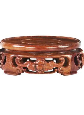 花梨木雕刻蝙蝠圆形底座古董花瓶紫砂茶壶奇玉石摆件实木底座木托