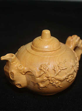 花鸟画木质茶壶摆设 黄杨木雕摆件工艺品家居饰品汽车摆件批发