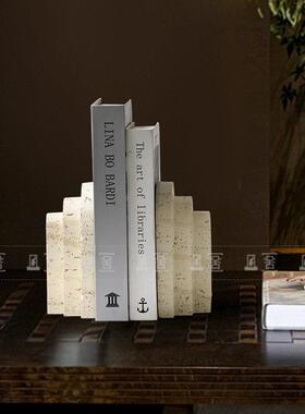 现简约侘寂中古风仿洞石书档摆件客厅装饰柜书房公室软装饰品