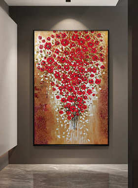 红色花卉手绘油画玄关装饰画高级感大芬村装饰画客厅走廊过道挂画