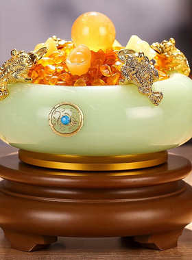 吉祥源 招财聚宝盆开业礼品摆件 金蟾琉璃白玉工艺品 家居客厅玄