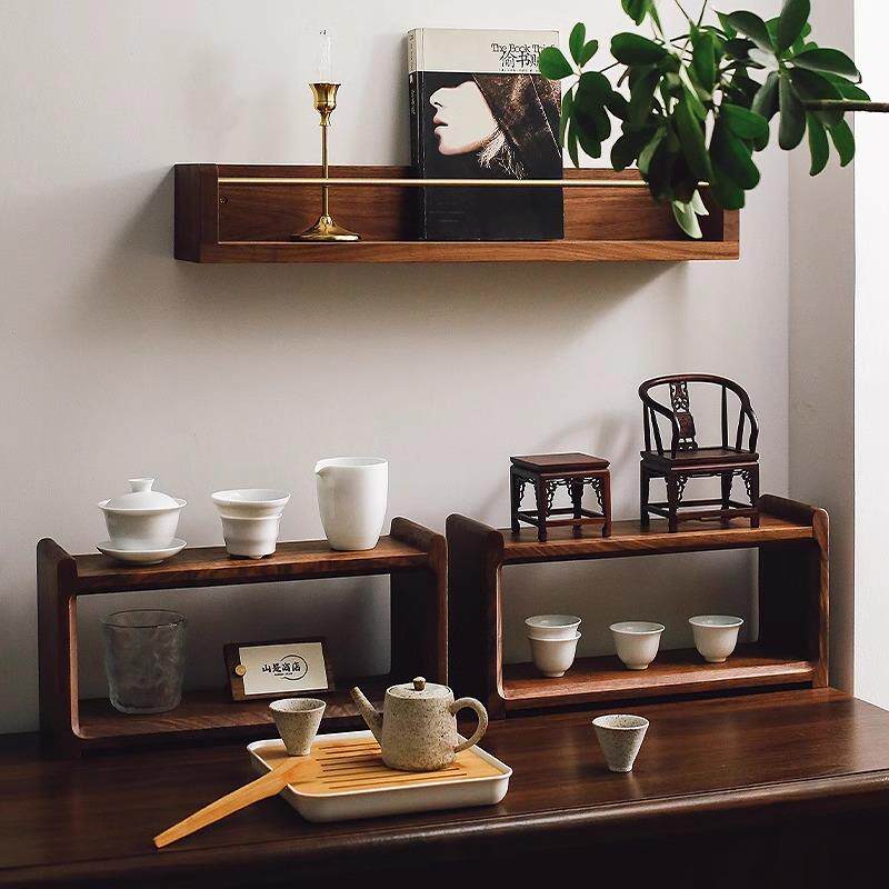 Desktop solid wood storage rack black walnut designer tea set cup rack retro coffee cup storage rack storage