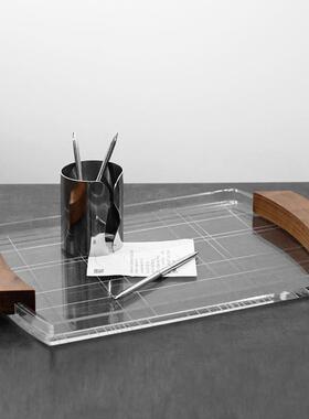 现代轻奢透明格线托盘仿木纹样板间餐厅客厅卧室家居高端收纳饰品