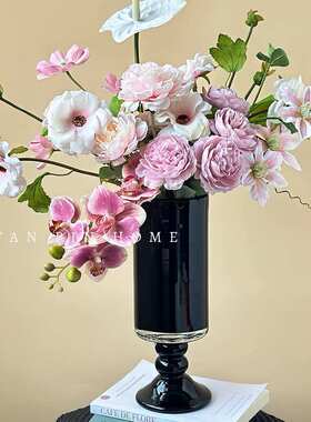 客厅插花水培桌面摆件花中古花瓶高脚复古器插花法式瓶黑色玻璃