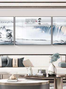 网红山挂水画客厅新中式沙发背景饰墙装画中国画风有靠山背壁画三