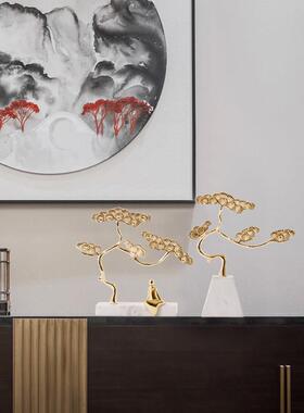 新中式禅意迎客松金属摆件样板间客厅酒柜玄关办公室开 放柜装饰