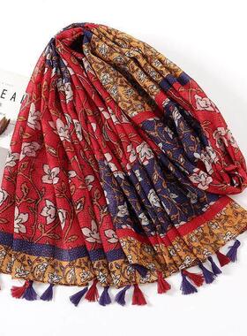 Cotton and linen scarves retro patchwork printed scarves围巾