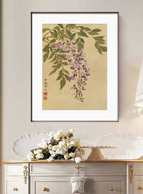 新中式国画装饰画书房卧室壁画古风花卉客厅玄关方形挂画